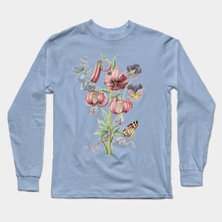 Lily Flower Bouquet with Butterfly Vintage Botanical Illustration Long Sleeve T-Shirt